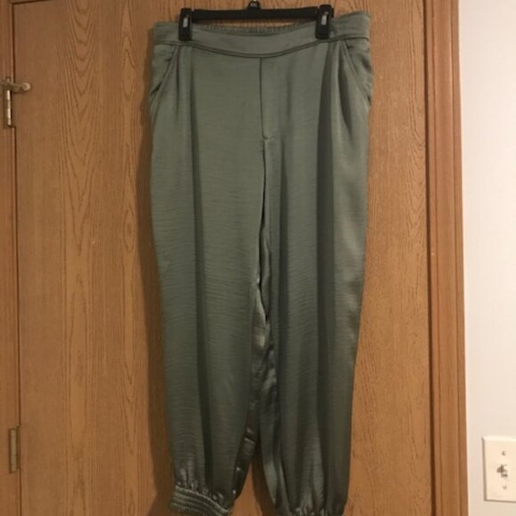 NEW Women's Simply Vera Vera Wang Olive Shiny Pull On Pants. Elastic Leg Cuff. L - Picture 1 of 6